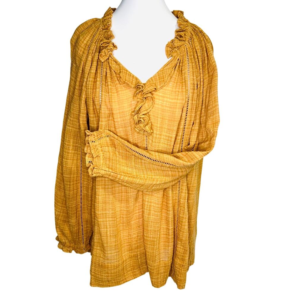 Sundance Boho Chic Peasant Blouse Ruffle Lace Trim Top XXL CottageCore Yellow